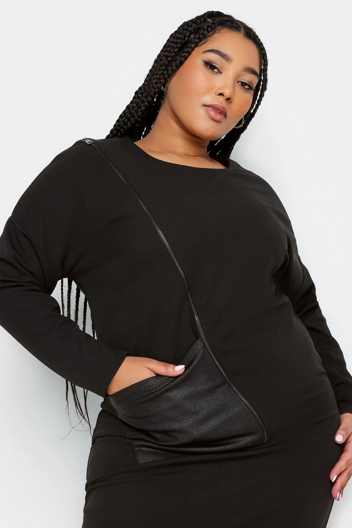 Büyük Beden Bisiklet Yaka Fermuar Detaylı Midi Boy Elbise 302715