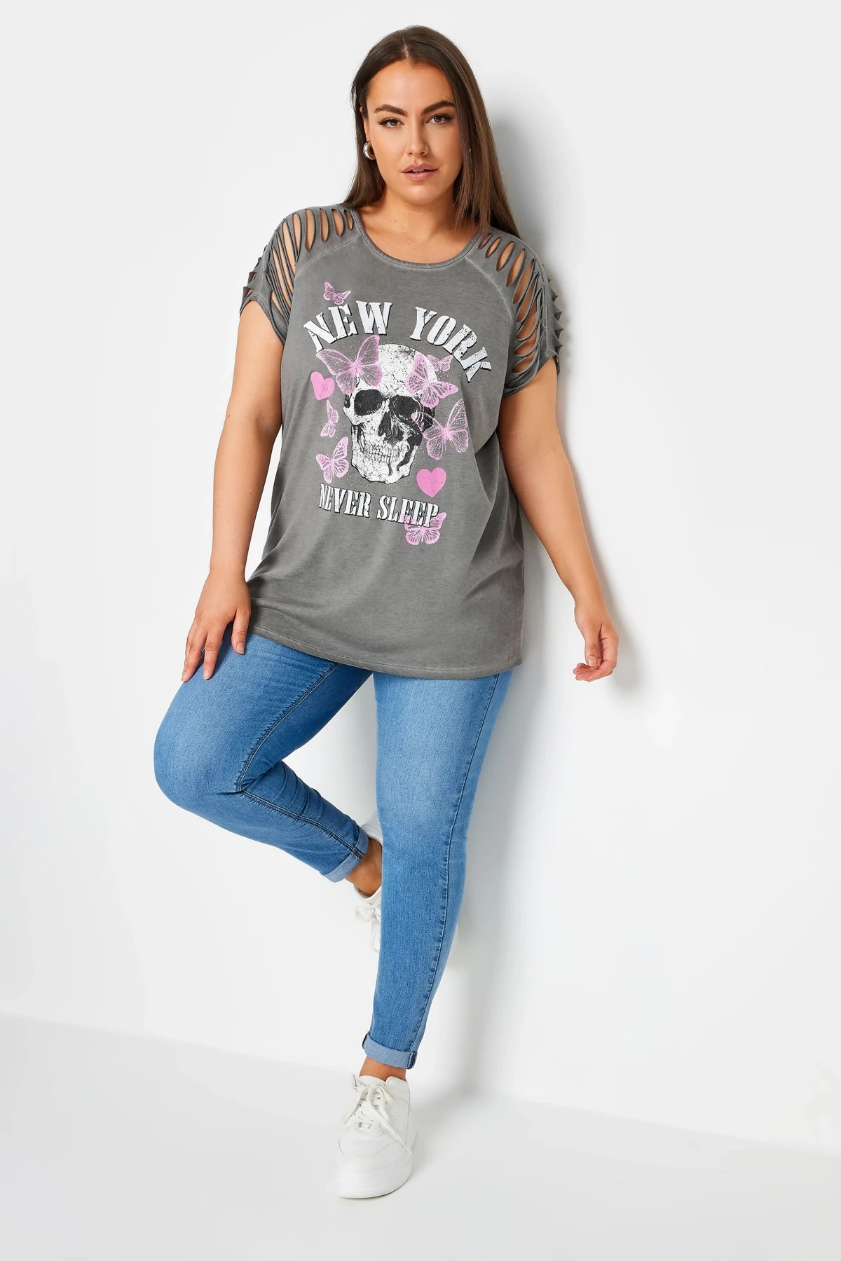 Büyük Beden Bisiklet Yaka Kol ve Omuz Detaylı Baskılı T-shirt 303138