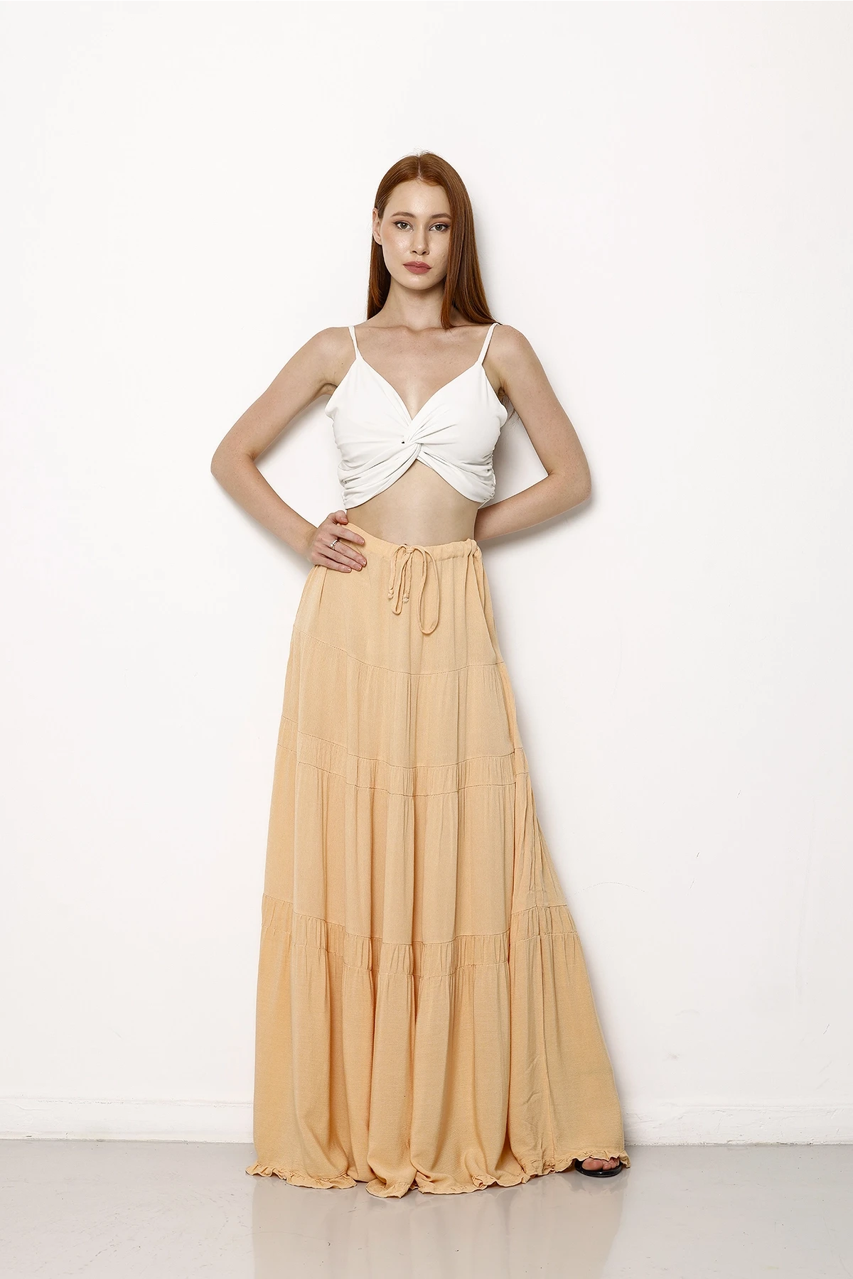 Beli Lastikli Fırfır Detaylı Kat Kat Uzun Etek