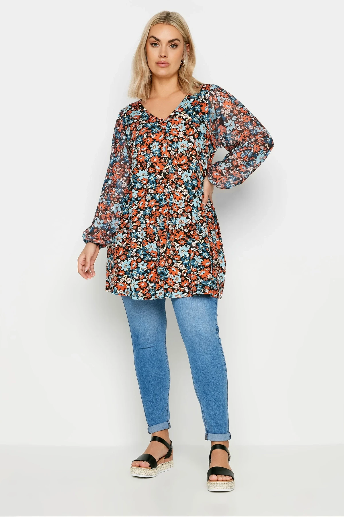 Büyük Beden Uzun Kolları Tül Detaylı Pileli V Yaka Bluz 303116