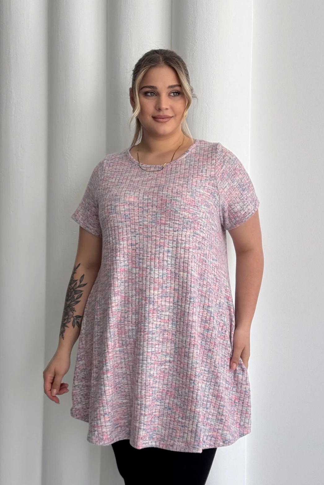 Büyük Beden Bisiklet Yaka Kısa Kollu Fitilli Kırçıllı Bluz 101-29