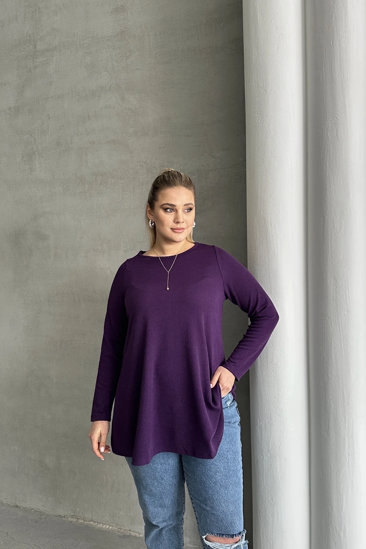 Büyük Beden Uzun Kollu Bisiklet Yaka Fitilli Bluz 100-123