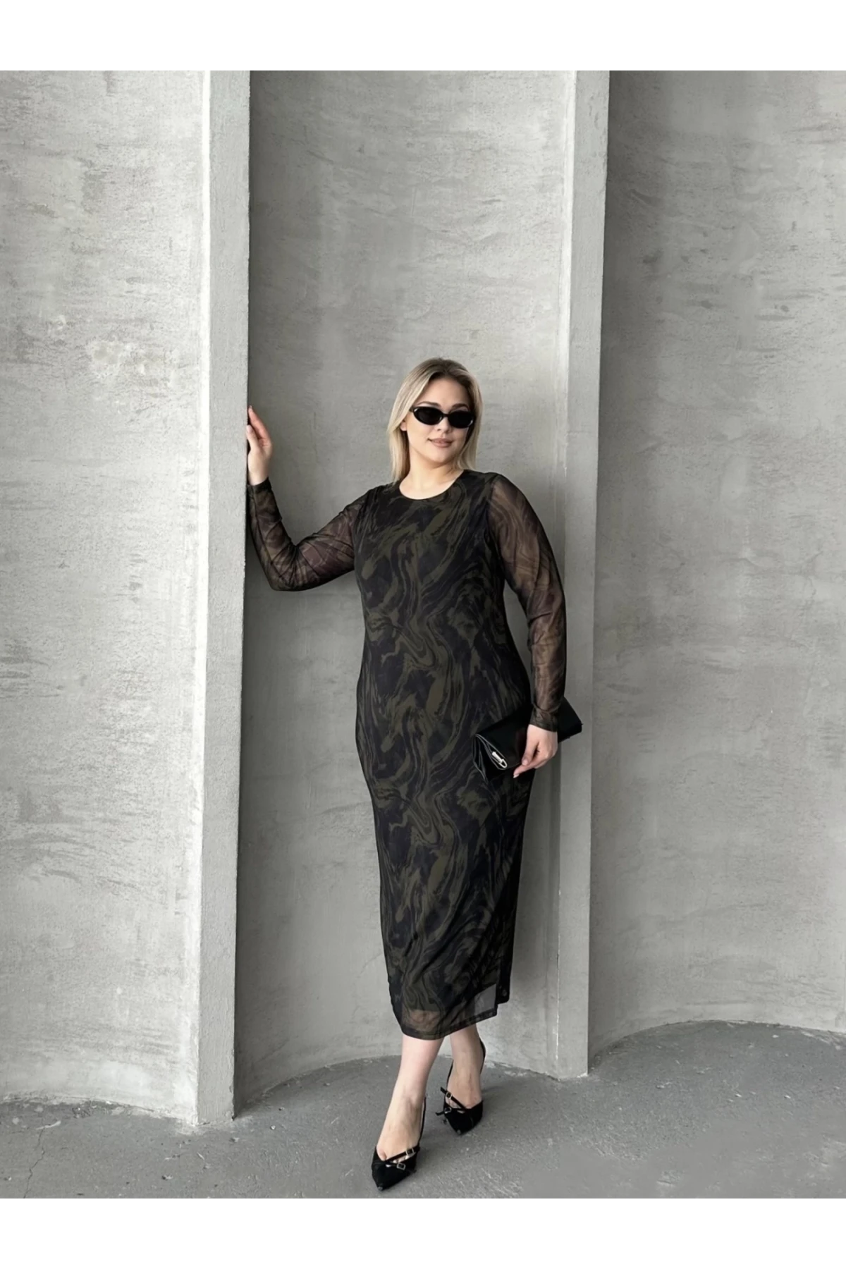 Büyük Beden Uzun Tül Kol Astarlı Mesh Midi Elbise 216292