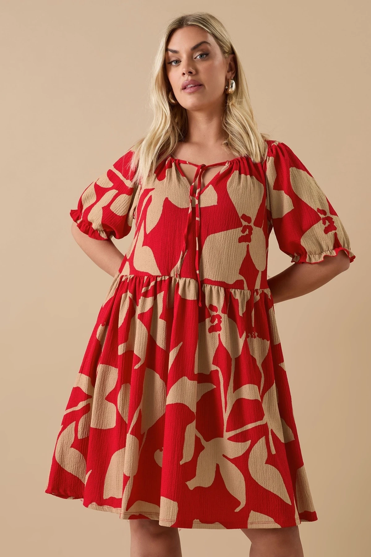 Büyük Beden V Yaka Bürümcük Kumaş Önü Bağlamalı Mini Elbise 304141