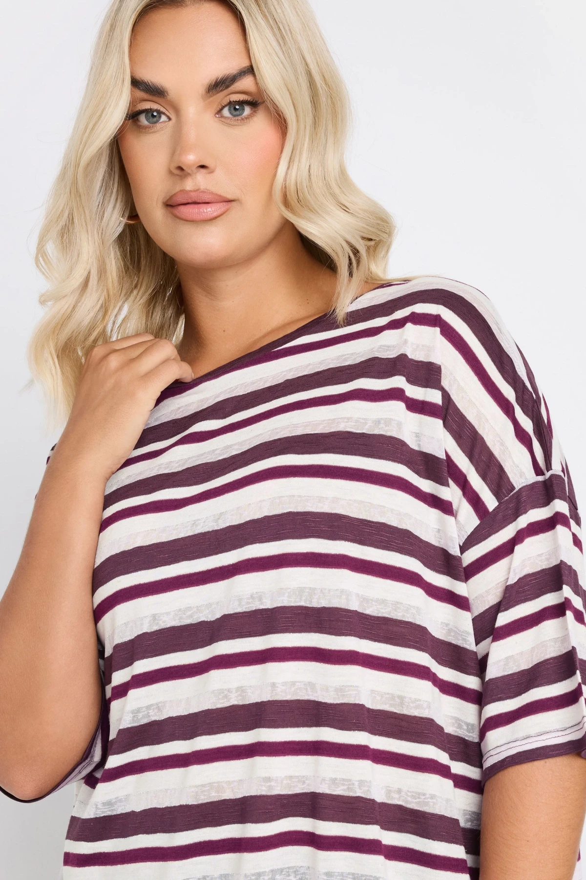 Büyük Beden Yanları Yırtmaçlı Kısa Kollu Bisiklet Yaka Çizgili T-shirt 303668