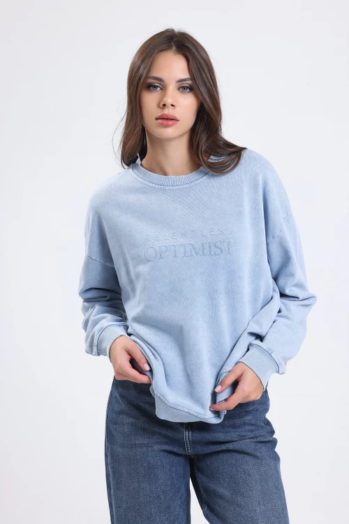 Bisiklet Yaka Uzun Kollu Önü Yazı Baskılı Sweatshirt VLMB-1356