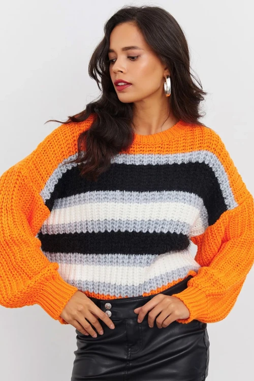 Bisiklet Yaka Çizgili Desenli Uzun Balon Kol Örme Kazak IZ3782