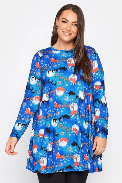 Büyük Beden Yılbaşı Temalı Bisiklet Yaka Uzun Kollu Uzun Kesim Bluz  321244