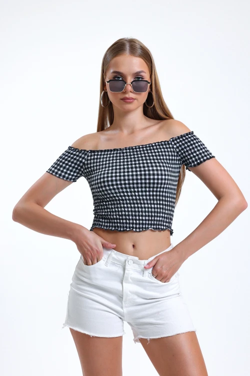 Carmen Yaka Pötikare Desenli Yarım Kollu Esnek Kumaş Crop Bluz IHR-23Y-IZ9U