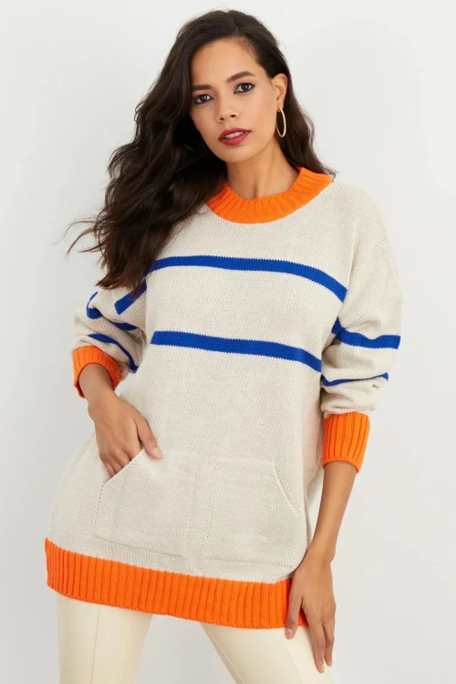 Önü Kanguru Cep Detaylı Uzun Kollu Bisiklet Yaka Triko Kazak IHR-23Y-IZ1001