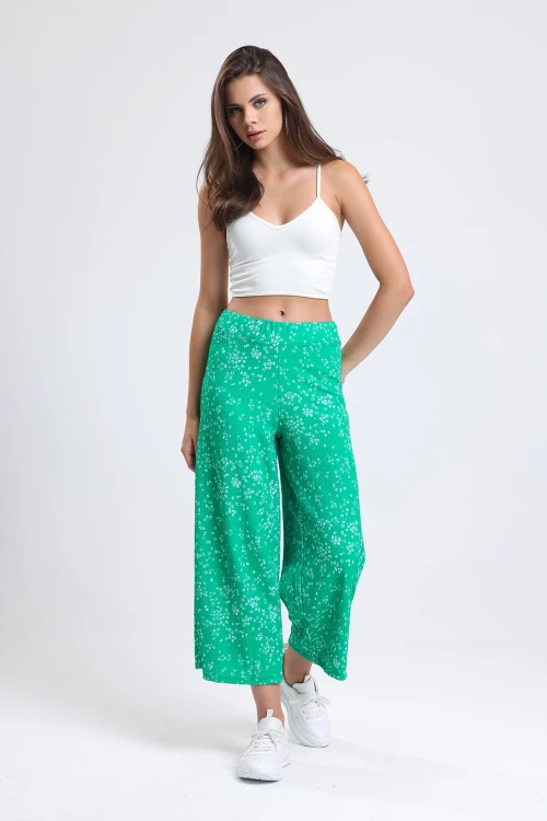 Çiçek Desenli Beli Lastikli Bol Paça Midi Boy Likralı Pantolon