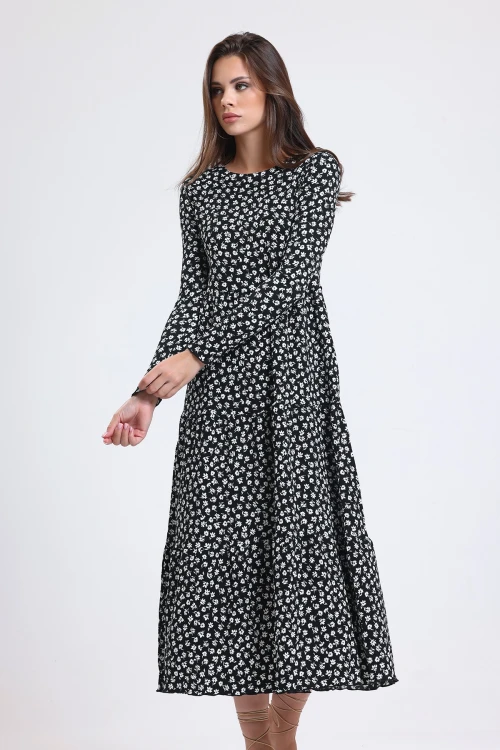 Çiçek Desenli Uzun Kollu Bisiklet Yaka Midi Boy Elbise