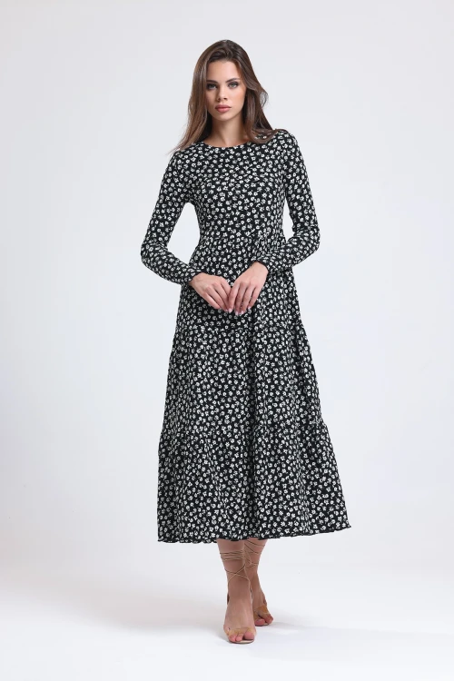 Çiçek Desenli Uzun Kollu Bisiklet Yaka Midi Boy Elbise