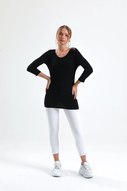 Tek Omzu Pul Düğme Detaylı Uzun Kollu İnce Bluz İZ02300