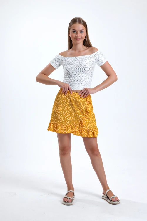 Fırfır Detaylı Beli Lastikli Likralı Desenli Mini Boy Etek IHR-23Y-IZ1U