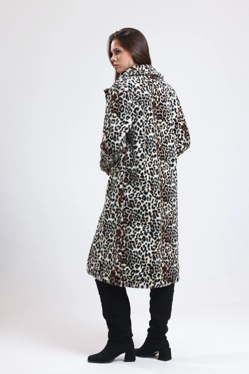 Leopar Desenli Önü Klipsli Cepli Uzun İnce Peluş Kürk