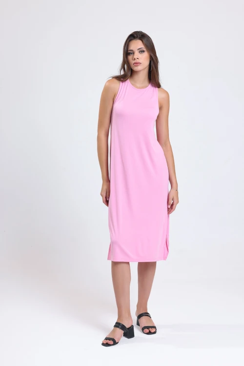 Sırtı Çapraz Detaylı Bisiklet Yaka Yırtmaçlı Sıfır Kol Midi Boy Elbise