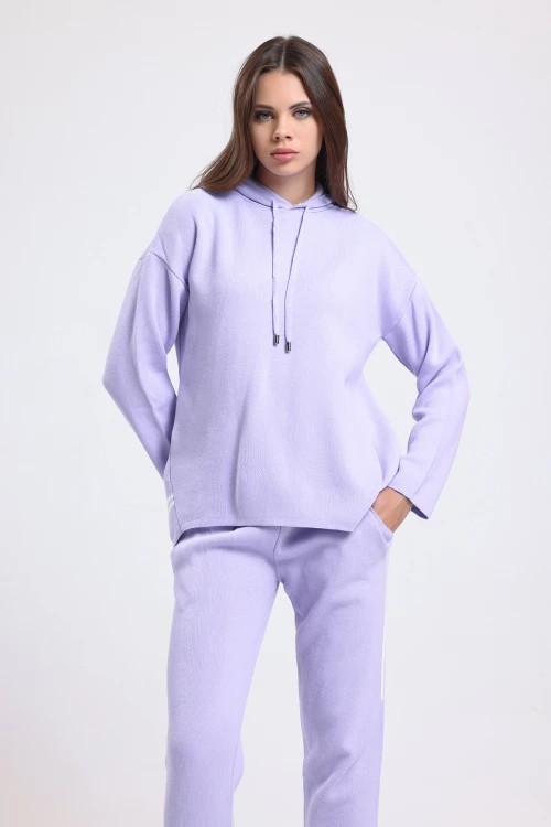 Triko Kapüşonlu Şerit Detaylı Düz Kesim Eşofman Takımı IZ3010