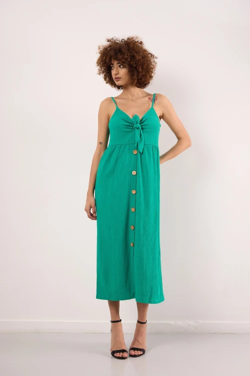 Ayarlanabilir Askılı Yakası Bağlama Detaylı Düğmeli Midi Boy Elbise 1006