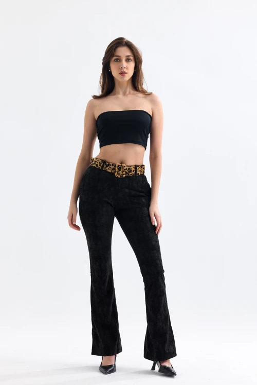 Beli Lastikli Kadife Kumaştan Cepli Kemerli İspanyol Paça Pantolon