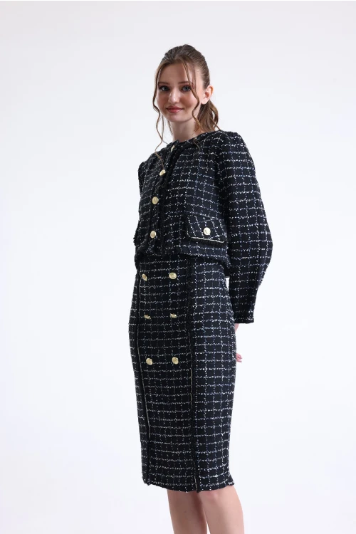 Bisiklet Yaka Düğme Detaylı Uzun Kollu Midi Boy Ceketli Elbise SU-3