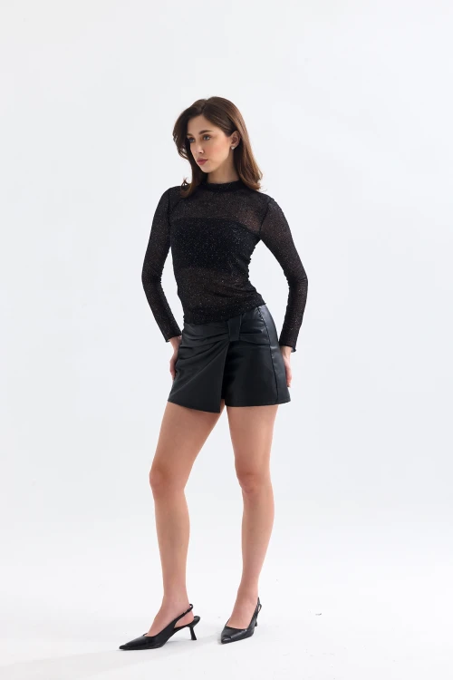 Bisiklet Yaka Uzun Kollu Transparan Sim Detaylı Astarsız Bluz