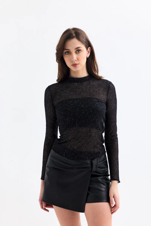 Bisiklet Yaka Uzun Kollu Transparan Sim Detaylı Astarsız Bluz