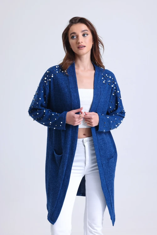 Kolları Boncuk İşlemeli Cepli Uzun Kollu Düğmesi Maxi Hırka MS40035