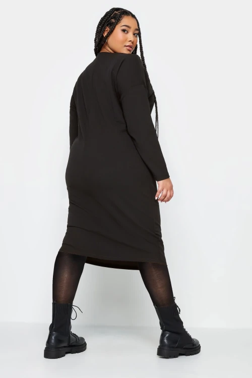 Büyük Beden Bisiklet Yaka Fermuar Detaylı Midi Boy Elbise 302715