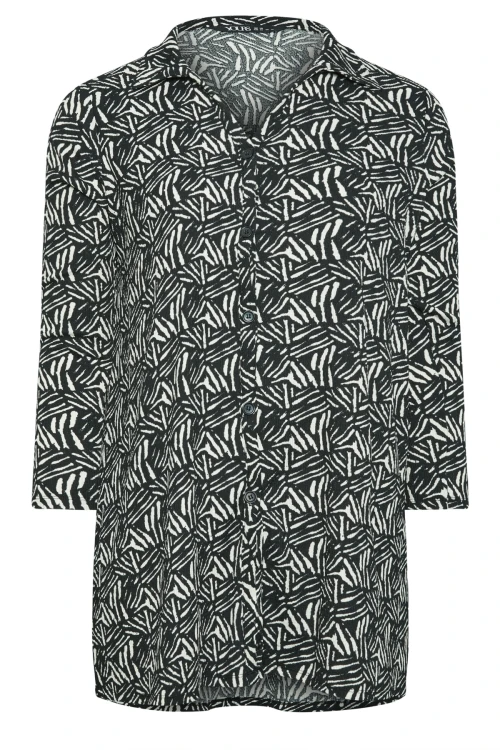 Büyük Beden Soyut Baskılı Düğmeli Uzun Kollu Uzun Kesim Gömlek 302650