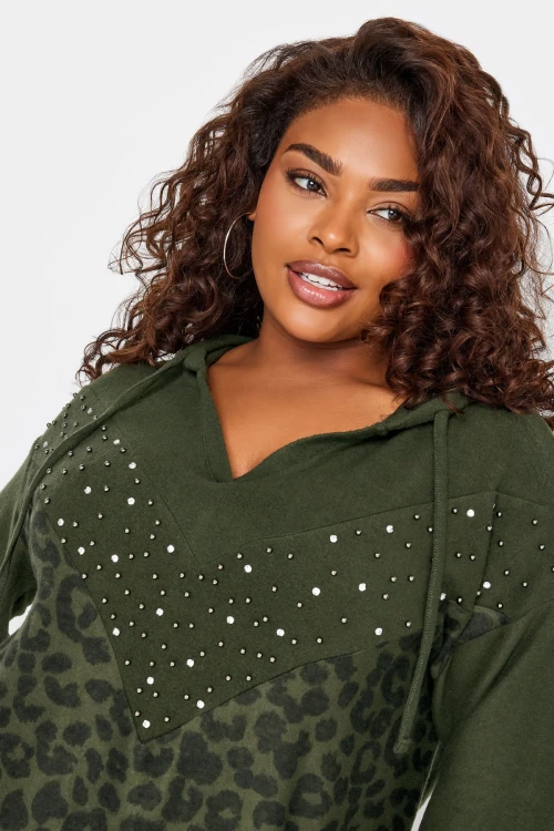 Büyük Beden V Yaka Kapüşonlu Taş Detaylı Leopar Desenli Sweatshirt 285009