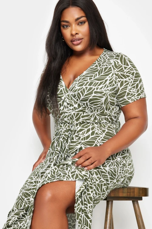 Büyük Beden V Yaka Kısa Kollu Kuşaklı Desenli Uzun Elbise 137860