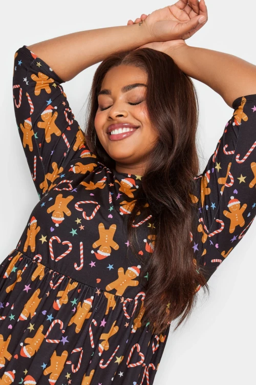 Büyük Beden Yılbaşı Temalı Bisiklet Yaka Yarım Kollu Midi Boy Elbise 215943