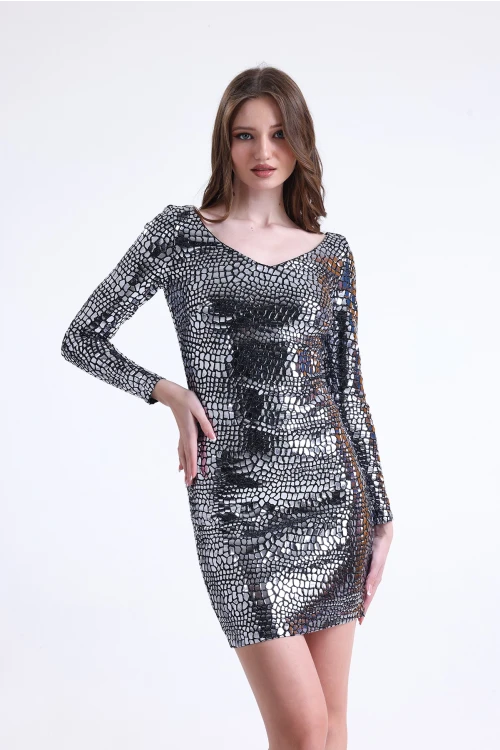 Geniş V Yaka Uzun Kollu Aynalı Parlak Kısa Abiye SU-27