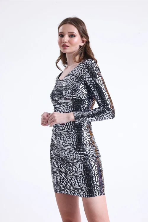 Geniş V Yaka Uzun Kollu Aynalı Parlak Kısa Abiye SU-27