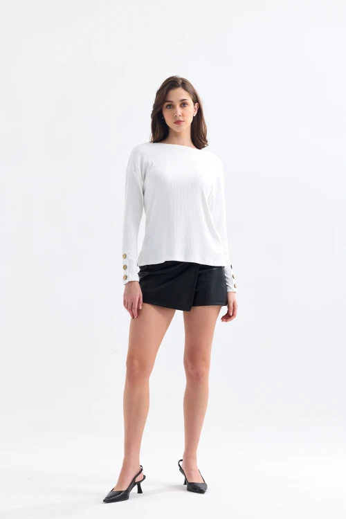 Kayık Yaka Uzun Kollu Kolları Düğme Detaylı Mevsimlik Fitilli Bluz