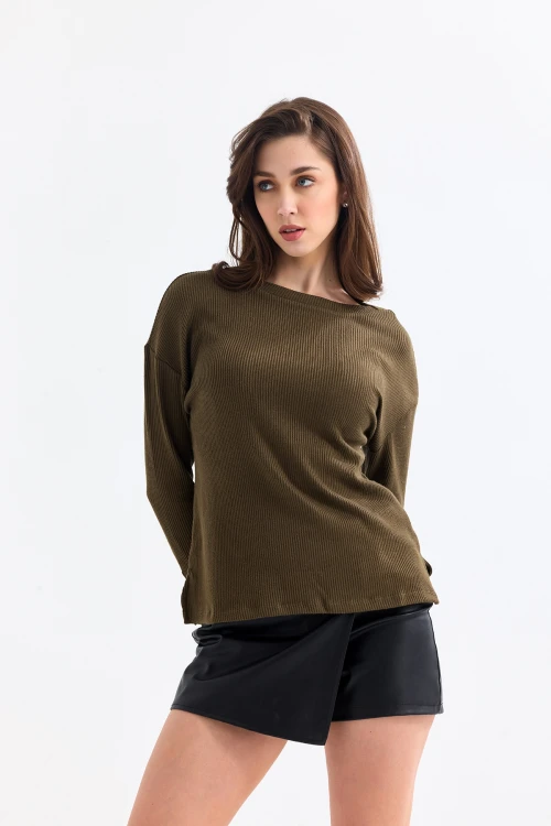 Kayık Yaka Uzun Kollu Kolları Düğme Detaylı Mevsimlik Fitilli Bluz