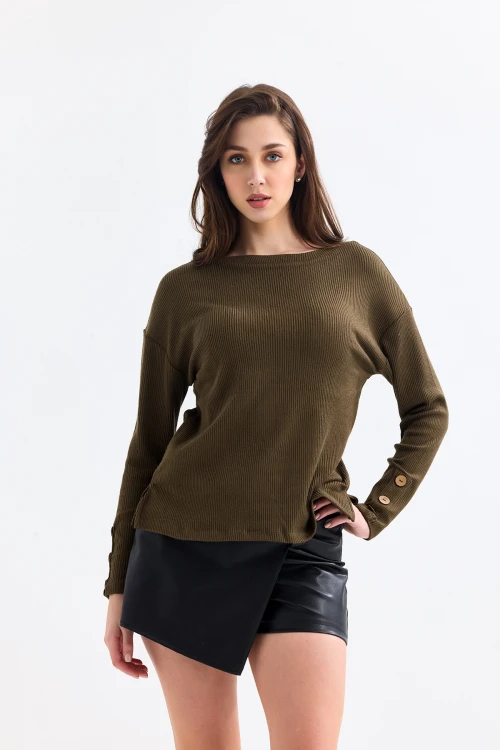 Kayık Yaka Uzun Kollu Kolları Düğme Detaylı Mevsimlik Fitilli Bluz