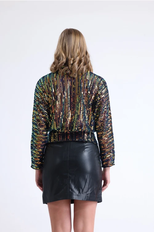 Kruvaze Yaka Beli Lastikli Uzun Kollu Payet İşlemeli Bluz SU-34