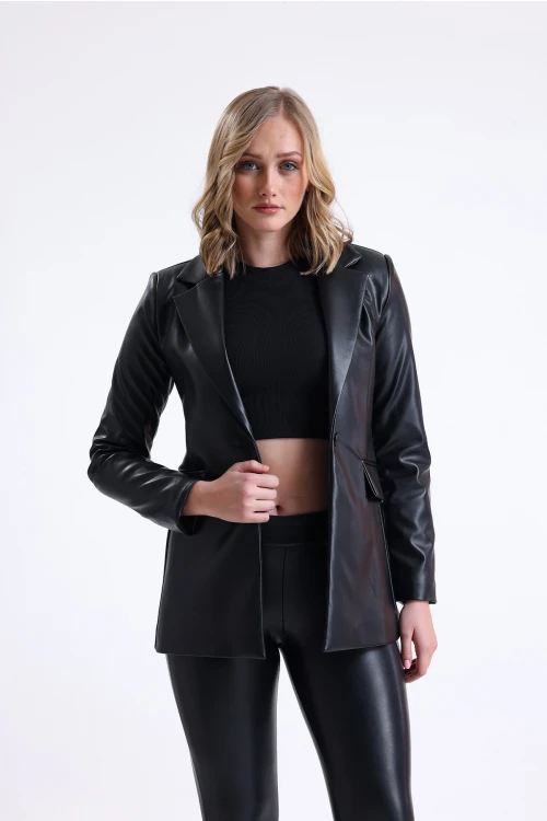 Normal Kesim Tek Düğme Kapamalı Cep Detaylı Suni Deri Ceket SU-53