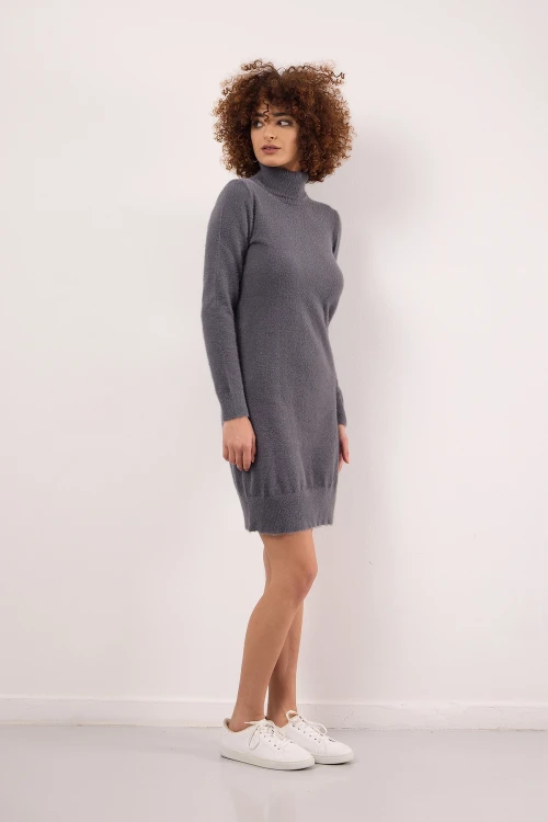 Rahat Kalıp Yumuşak Dokulu Balıkçı Yaka Uzun Kollu Kısa Elbise