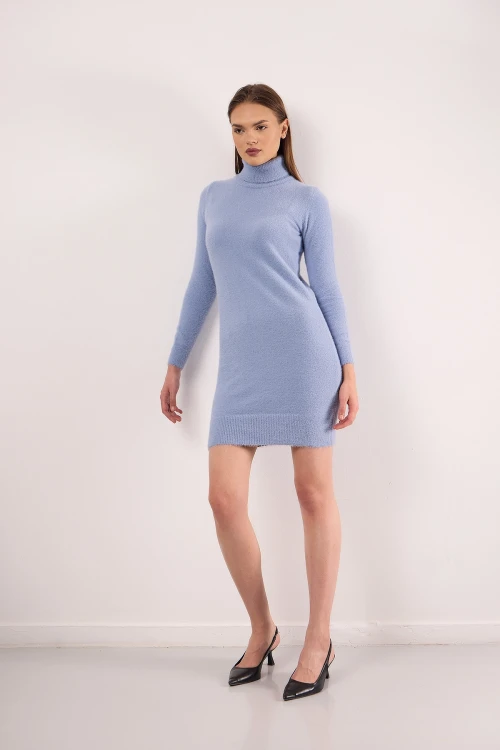 Rahat Kalıp Yumuşak Dokulu Balıkçı Yaka Uzun Kollu Kısa Elbise