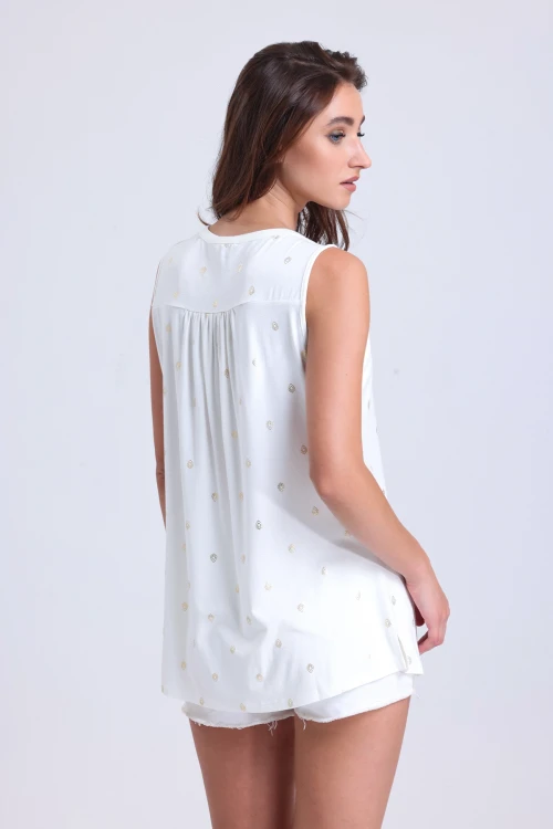 Sıfır Kol Desenli V Yaka Önü Düğmeli Uzun Kesim Bluz MS35048