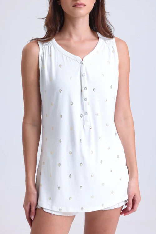 Sıfır Kol Desenli V Yaka Önü Düğmeli Uzun Kesim Bluz MS35048