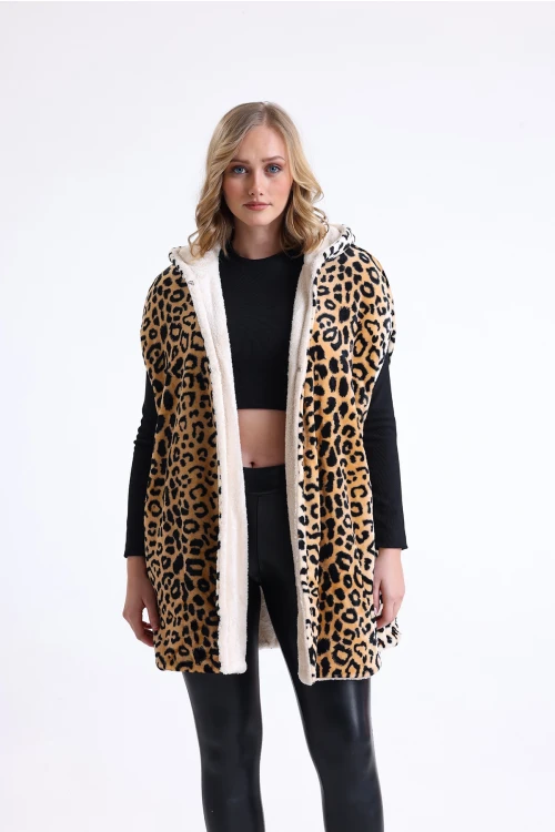 Uzun Kesim Leopar Desenli Kapüşonlu Suni Kürk Panço Yelek 007-AYSU