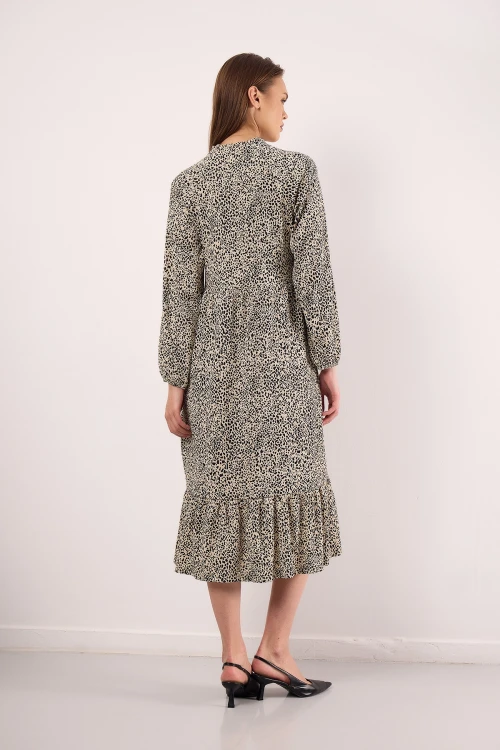 Yakası Bağlama Detaylı Kolları Lastikli Eteği Fırfırlı Midi Boy Elbise