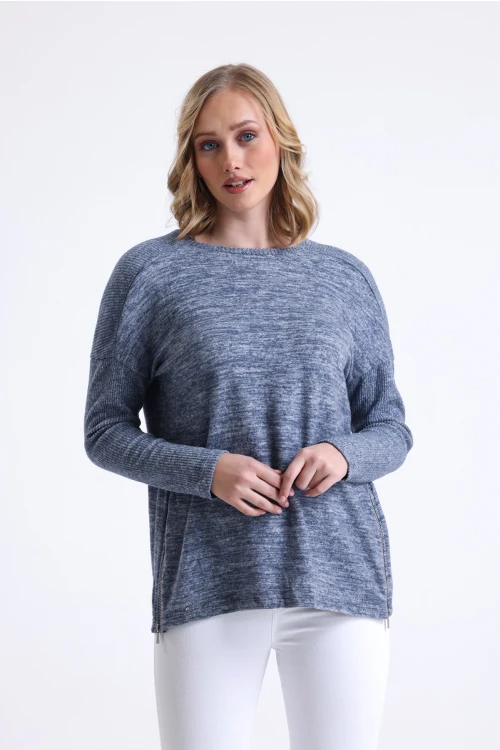 Yanları Fermuar Detaylı Bisiklet Yaka Uzun Kollu Mevsimlik Triko Bluz 20001403