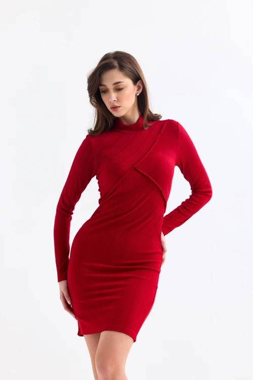 Yarım Balıkçı Yaka Uzun Kollu Fitilli Likralı Mevsimlik Kısa Elbise