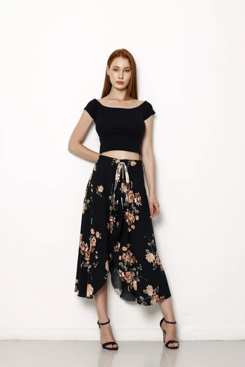 Beli Ayarlanabilir Lastikli Asimetrik Kesim Cepsiz Çiçek Desenli Midi Boy Etek 1116