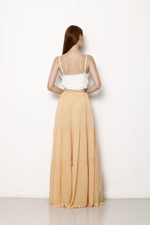 Beli Lastikli Fırfır Detaylı Kat Kat Uzun Etek